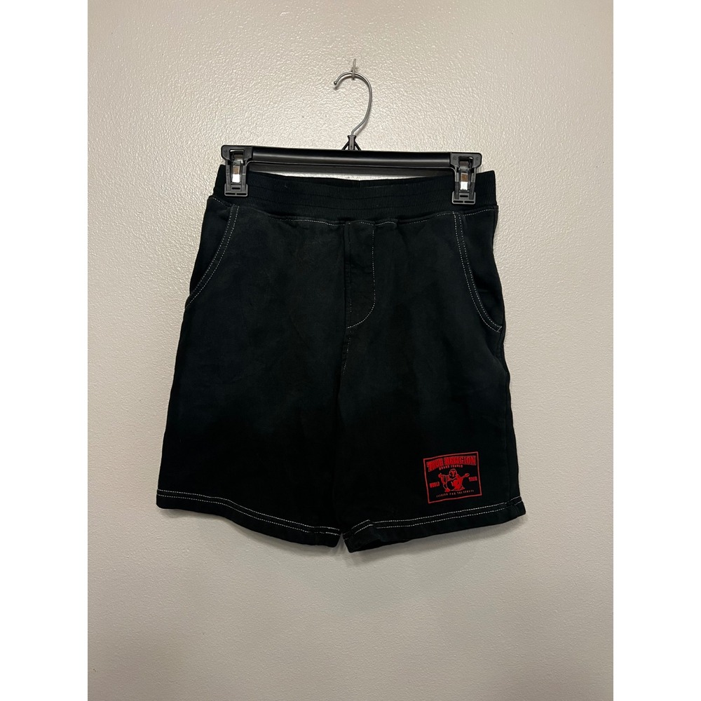 True Religion Boys Black Sweat Shorts Red Buddha Logo Patch White Stitch XL TG